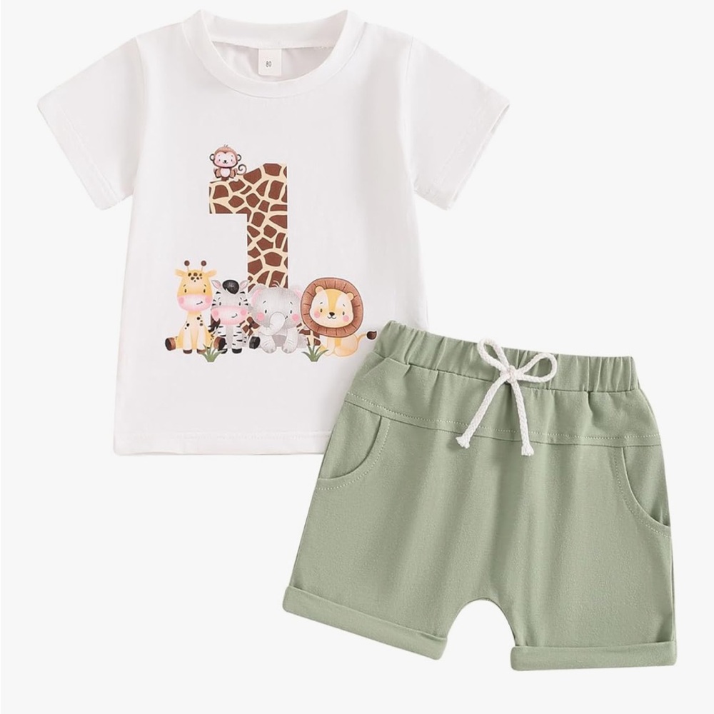 Wild One First Birthday- Animal Print T-Shirt and Green Shorts Set